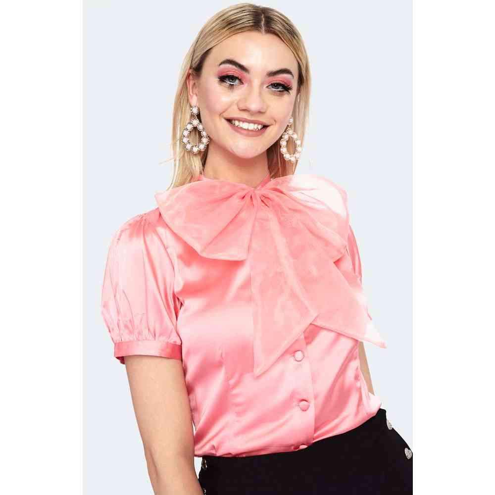 Voodoo Vixen - Oversized Bow Puff Short Sleeve Bluse - Rosa